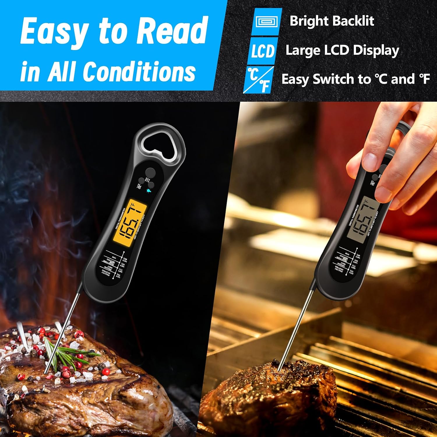 Meat Thermometer Digital, Instant Read Meat Thermometer For Grill And Cooking, With Bottle Opener, Backlight & Calibration Food Thermometer, Kitchen Gadgets For Bbq, Turkey, Candy, Liquids