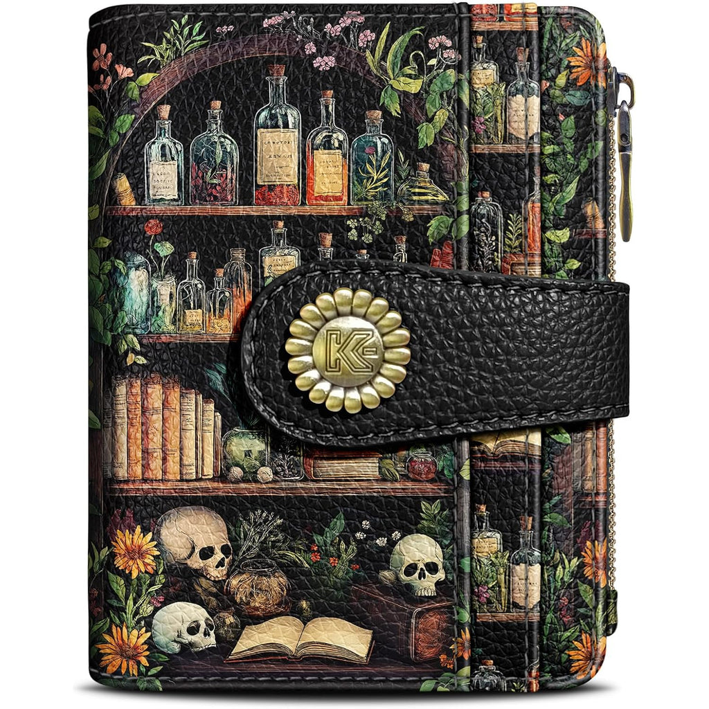 Bookshelves Skull Goth Gothic Small Rfid Women Wallet Bifold Zipper Coin Pocket Pu Leather Compact Cash Credit Card Holder Travel Wallet Female Ladies Teen Girls 1 Id Window 10 Card Slots