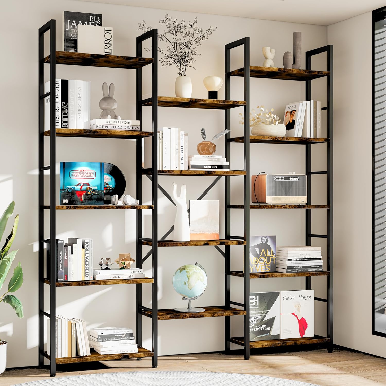 Shintenchi Triple Column 5 Tier Bookshelf, Industrial Large Bookcase Display Shelves, Large Etagere Bookshelf,Wide Book Shelf Book Case For Home & Office, Rustic Brown