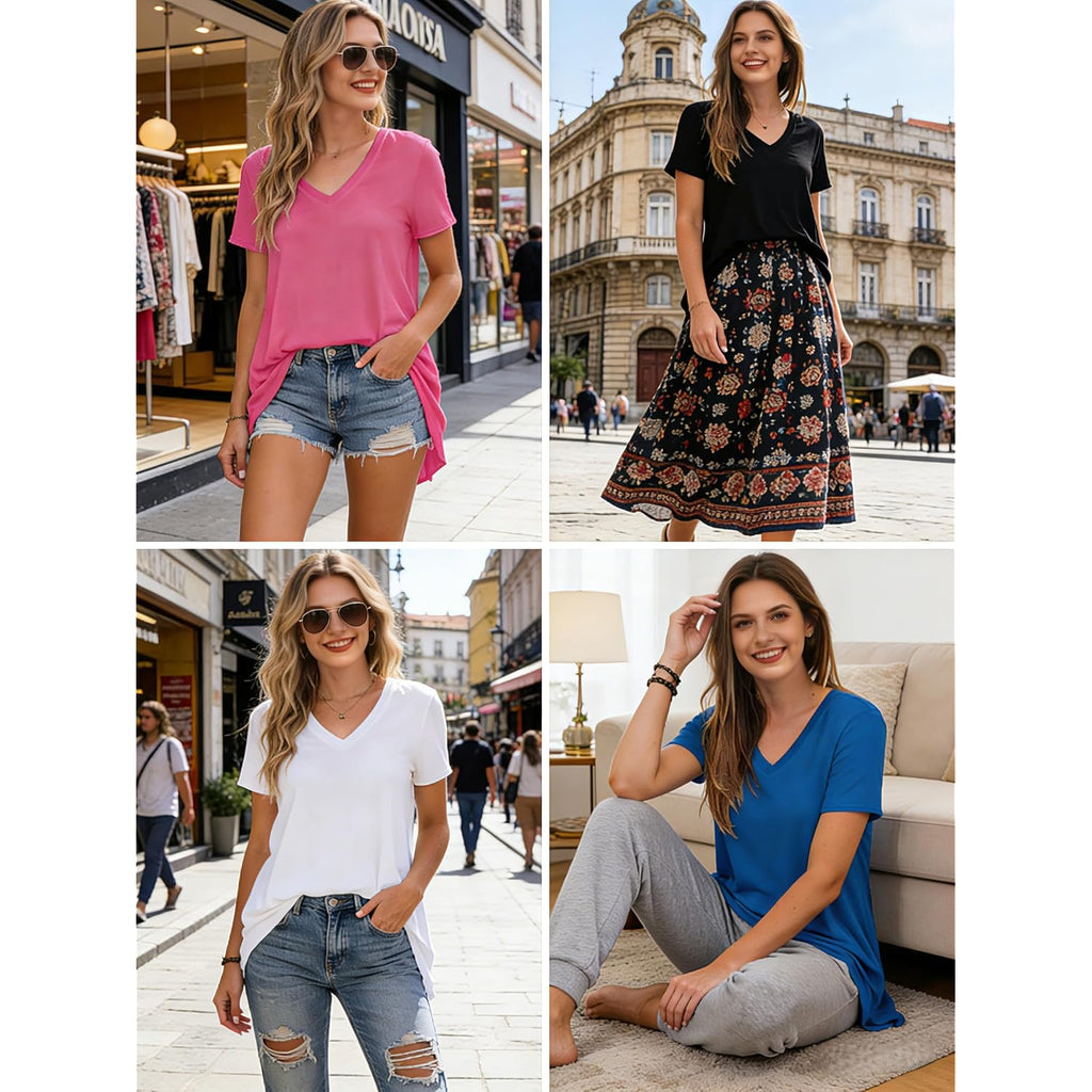 Women's Summer Casual Short Sleeve V-Neck T-Shirt Tunic Tops Blouse Shirts