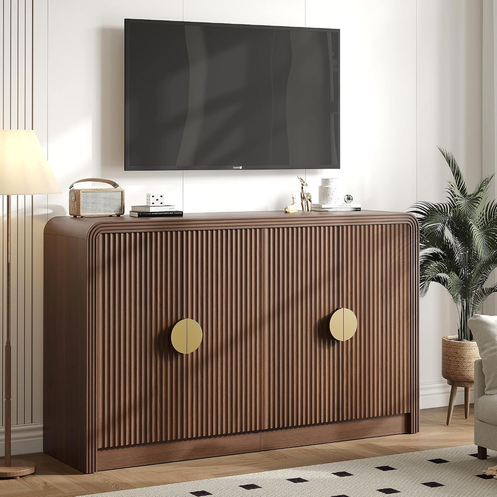 Decofy 55" Fluted Buffet Sideboard Cabinet, Modern Mid Century Console Cabinet With Adjustable Shelves & Wavy Grain Doors For Kitchen Cabinet Storage,Living Room,Entryway,Coffee Bar Cabinet (Walnut)