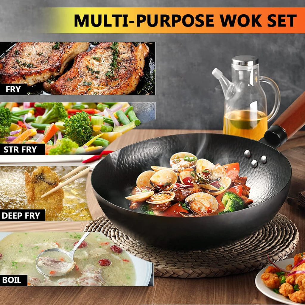 14 Piece Carbon Steel Wok Pan, Woks & Stir-Fry Pans Set With Wooden Lid Cookwares, No Chemical Coated Flat Bottom Chinese Pan For Induction, Electric, Gas, Halogen All Stoves - 12.6''