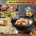 14 Piece Carbon Steel Wok Pan, Woks & Stir-Fry Pans Set With Wooden Lid Cookwares, No Chemical Coated Flat Bottom Chinese Pan For Induction, Electric, Gas, Halogen All Stoves - 12.6''