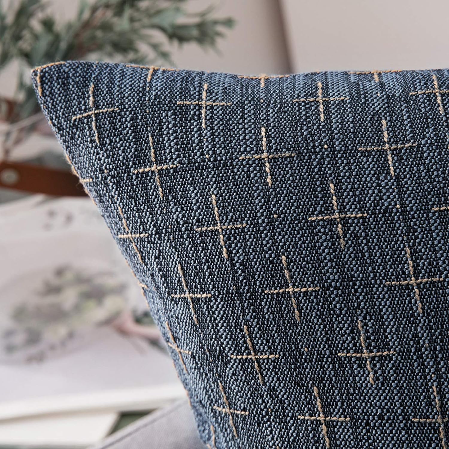 Miulee Pack Of 2 Decorative Burlap Linen Throw Pillow Covers Modern Farmhouse Vintage Pillowcase Rustic Woven Textured Cushion Cover For Sofa Couch Bed 20X20 Inch Blue