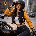 Cropped Varsity Jacket Women - Premium Quality Leather And Wool Baseball Letterman Jacket For Women'S, Long Sleeve