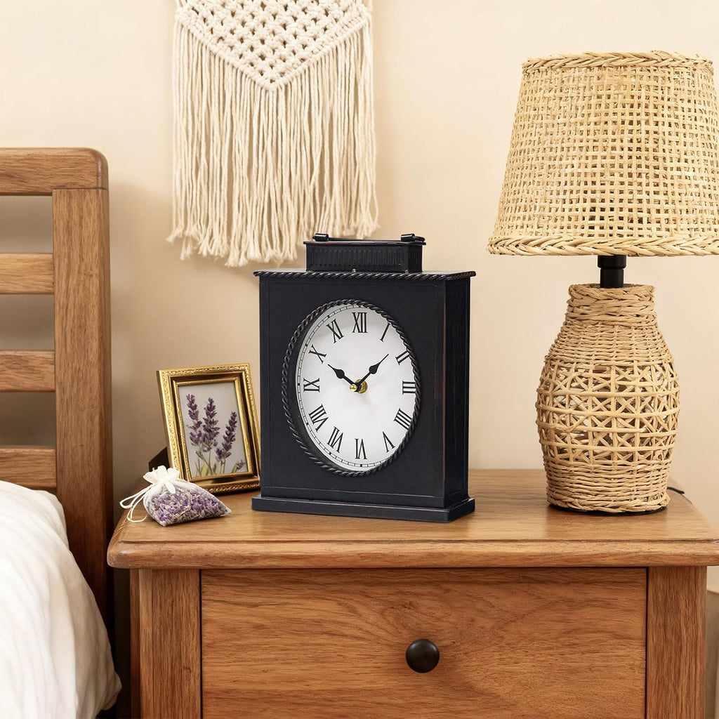 Vintage Mantel Clock, Large Rustic Distressed Metal Table Clock With Handle, Silent Non-Ticking Quartz Movement, Antique Brown Fireplace Shelf Desk Clock For Living Room Bedroom Office