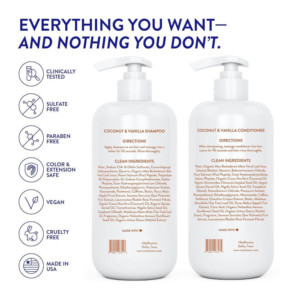 Routine Wellness Anti-Thinning Shampoo and Conditioner Set for Thinning Hair - Biotin DHT Blocker Women & Men - Color Safe Shampoo for Hair Loss & Healthier Hair - Coconut & Vanilla Set