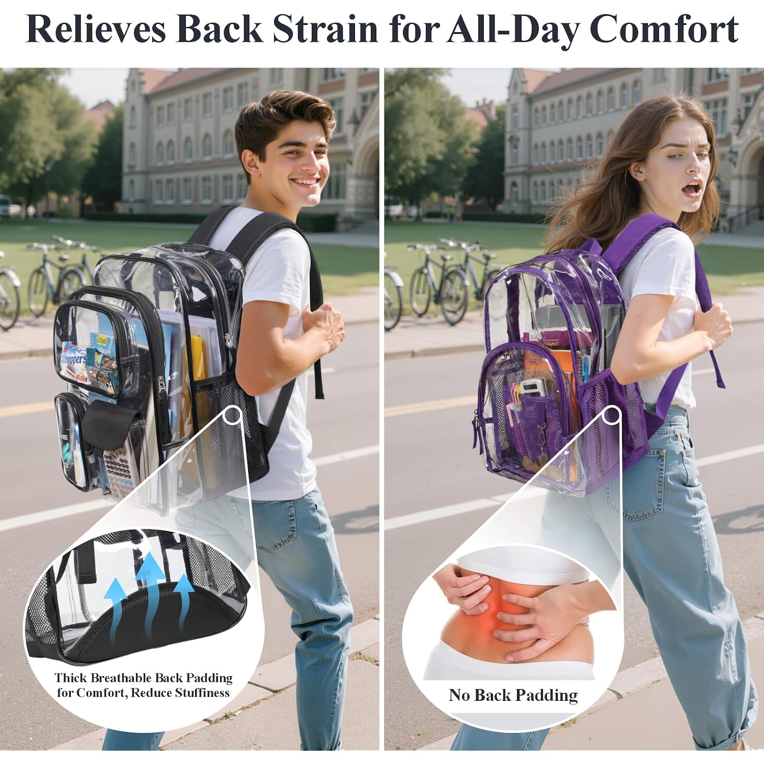 Clear Backpack For School - 18 Inch Extra Large Clear Bookbag Black | Heavy Duty Pvc, 3 Front Pockets, 2 Large Compartments, Fit 16" Laptop, 900D Oxford Base, Padded Straps And Back, Age 12+