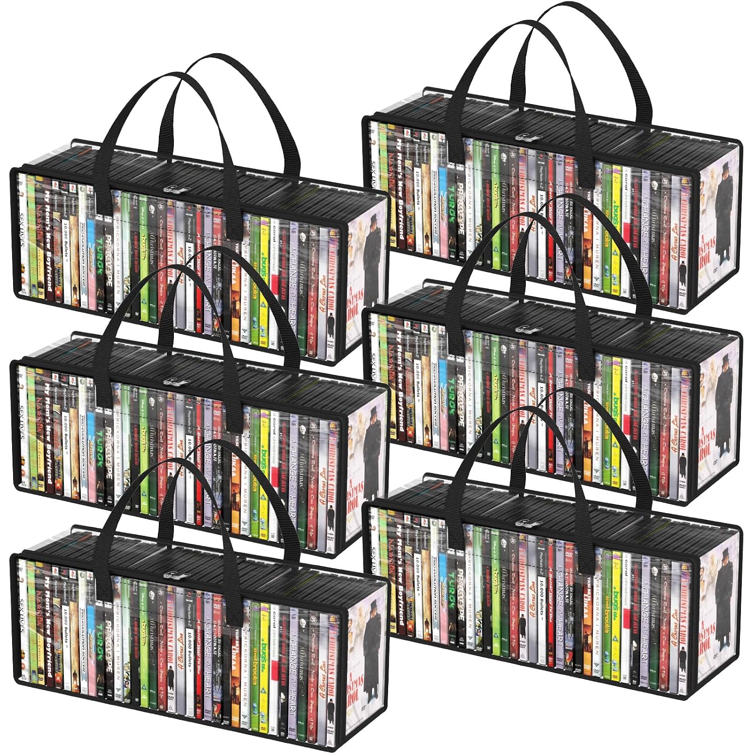 Lifewit Dvd Storage Bags, Clear Pvc Dvd Case Holder With Handles, Front Window Zipper Design, Stackable Media Organizer For Blu Ray Disc, Movie Cases, Vhs Box, Hold 210 Pcs Dvds (35 Each), 6 Pack