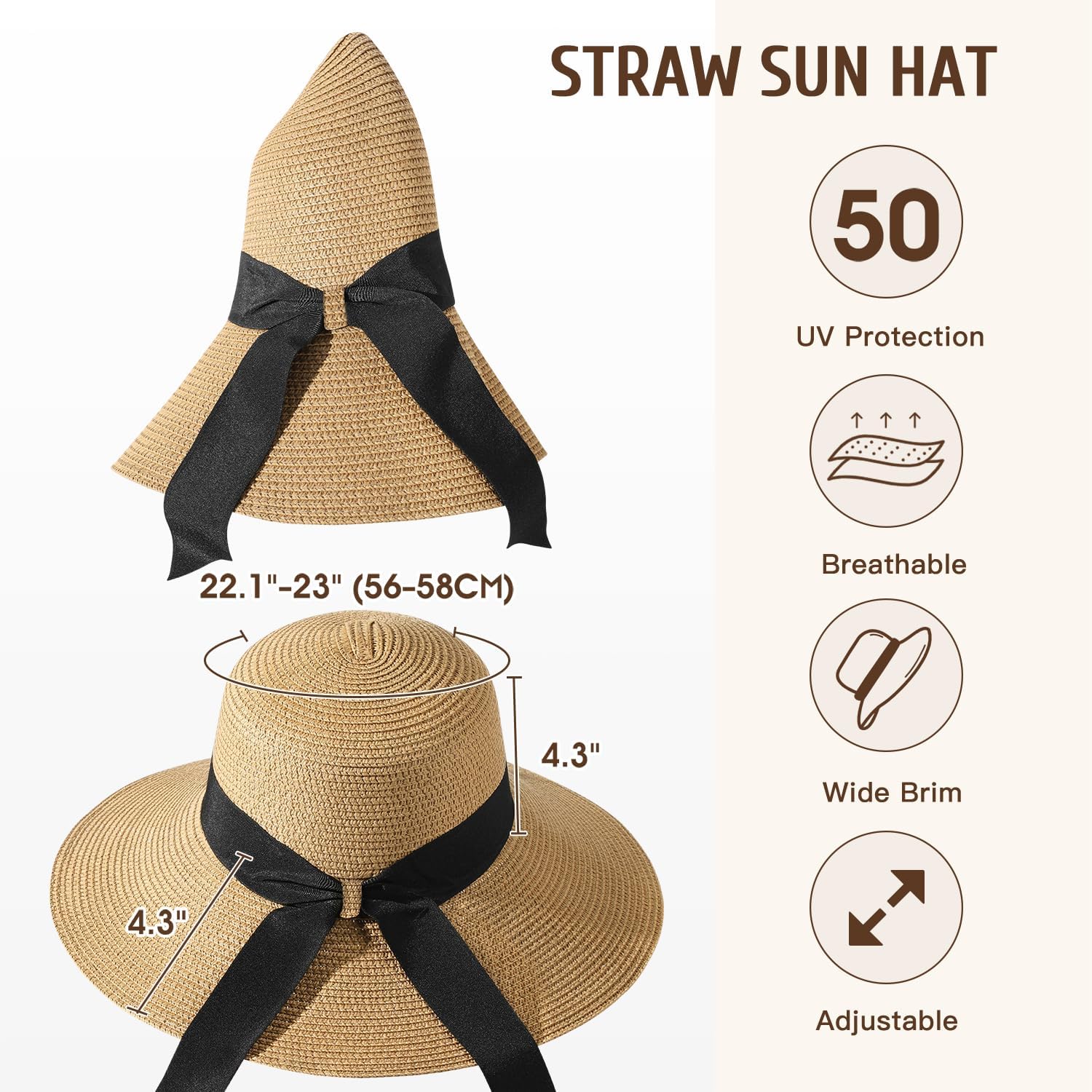 Beach Hats for Women, Sun Straw Hat for Women, UPF 50+ UV Sun Protection Sun Hat Womens, Foldable Floppy Sun Hat