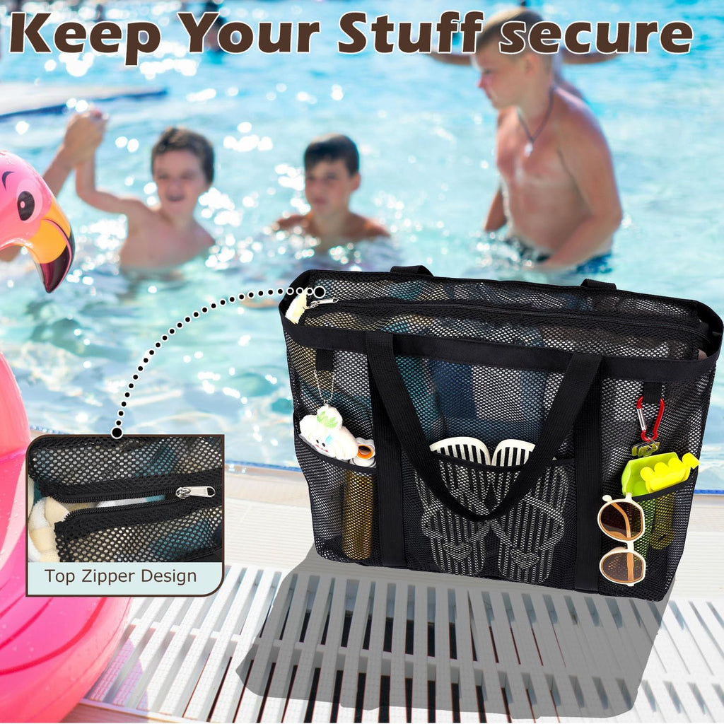 Fammart Mesh Beach Bag with Zipper, Large Beach Tote for Women, Toys Pool Swim Bag Travel Vacation Cruise Essentials
