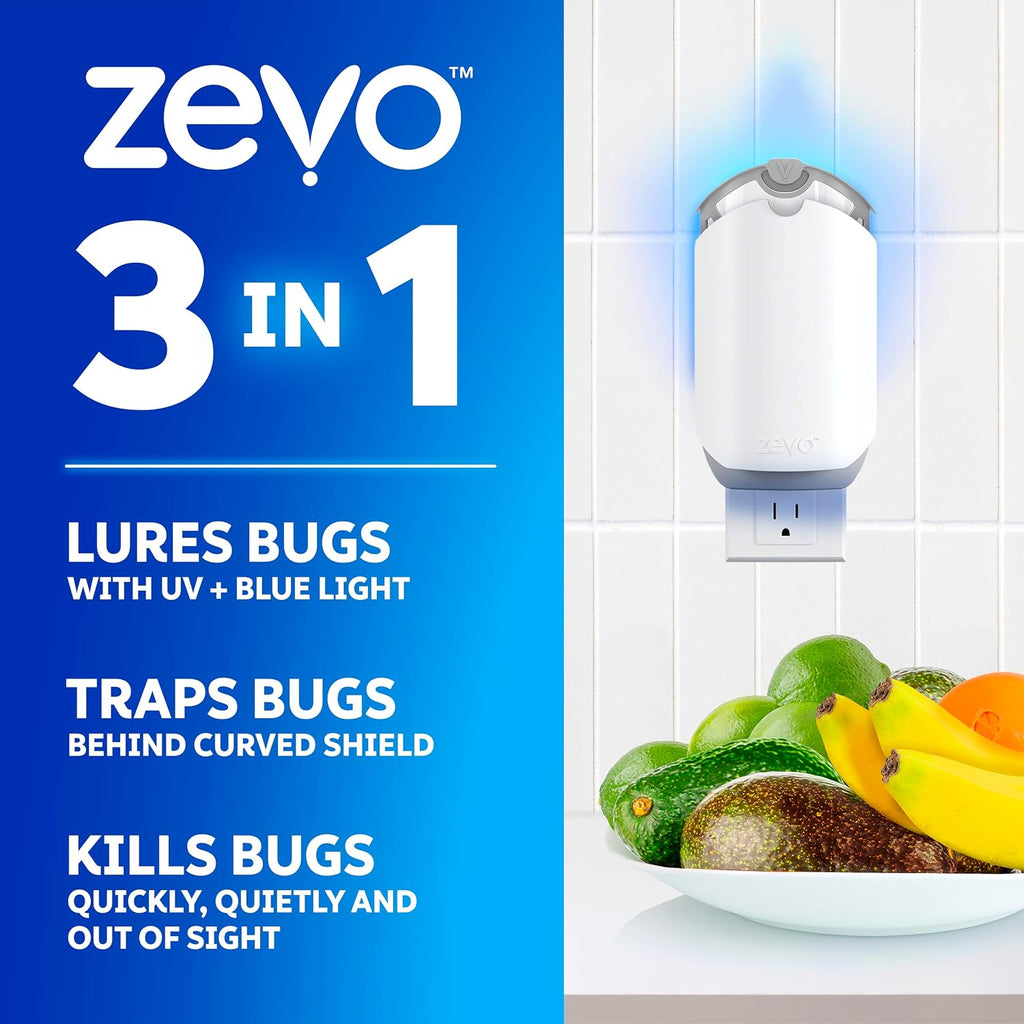 Zevo Flying Insect Traps - Plug-In Indoor Fly Trap And Bug Light Trap Refill With Blue And Uv Light - No-Mess Cartridge For House Flies, Fruit Fly Trap And Gnats (2 Plug-In Bases And 2 Cartridges)