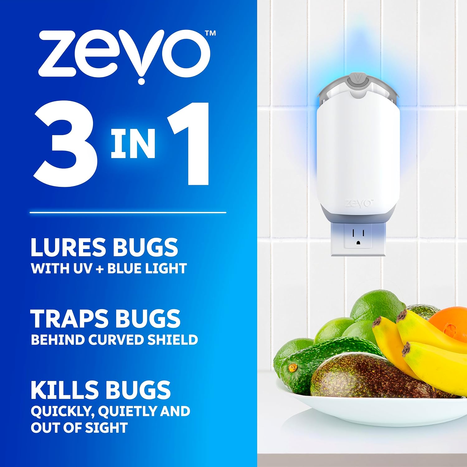 Zevo Flying Insect Trap - Plug-In Indoor Fly Trap And Bug Light Trap Refill With Blue And Uv Light - No-Mess Cartridge For House Flies, Fruit Fly Trap And Gnats (1 Plug-In Base And 1 Cartridge)
