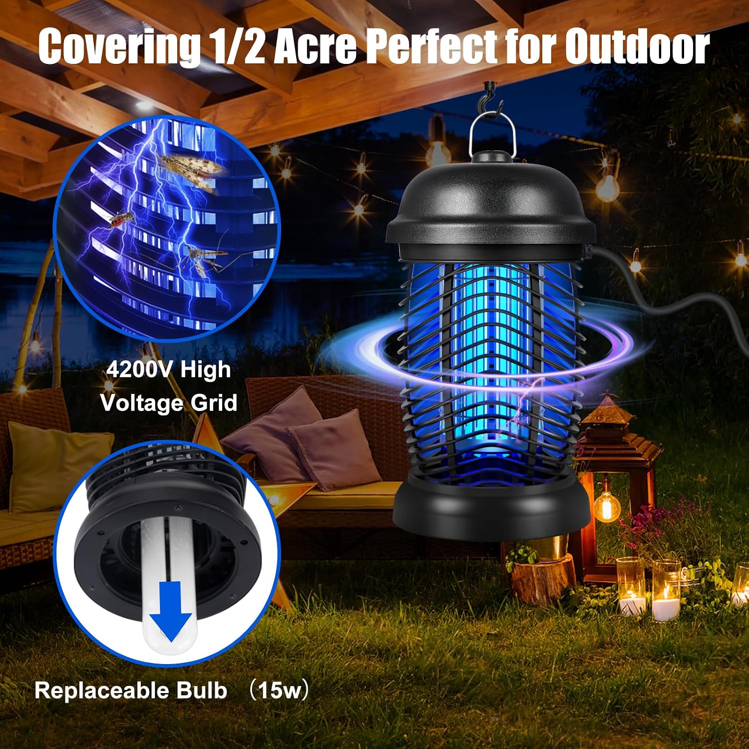 Bug Zapper Outdoor, 4200V Electric Mosquito & Fly Zapper, Black | Covers Up To 1/2 Acre, Fly Traps For Patio Backyard, 3 Prong Plug, 90-130V Abs Plastic Outer, Mosquito Killer