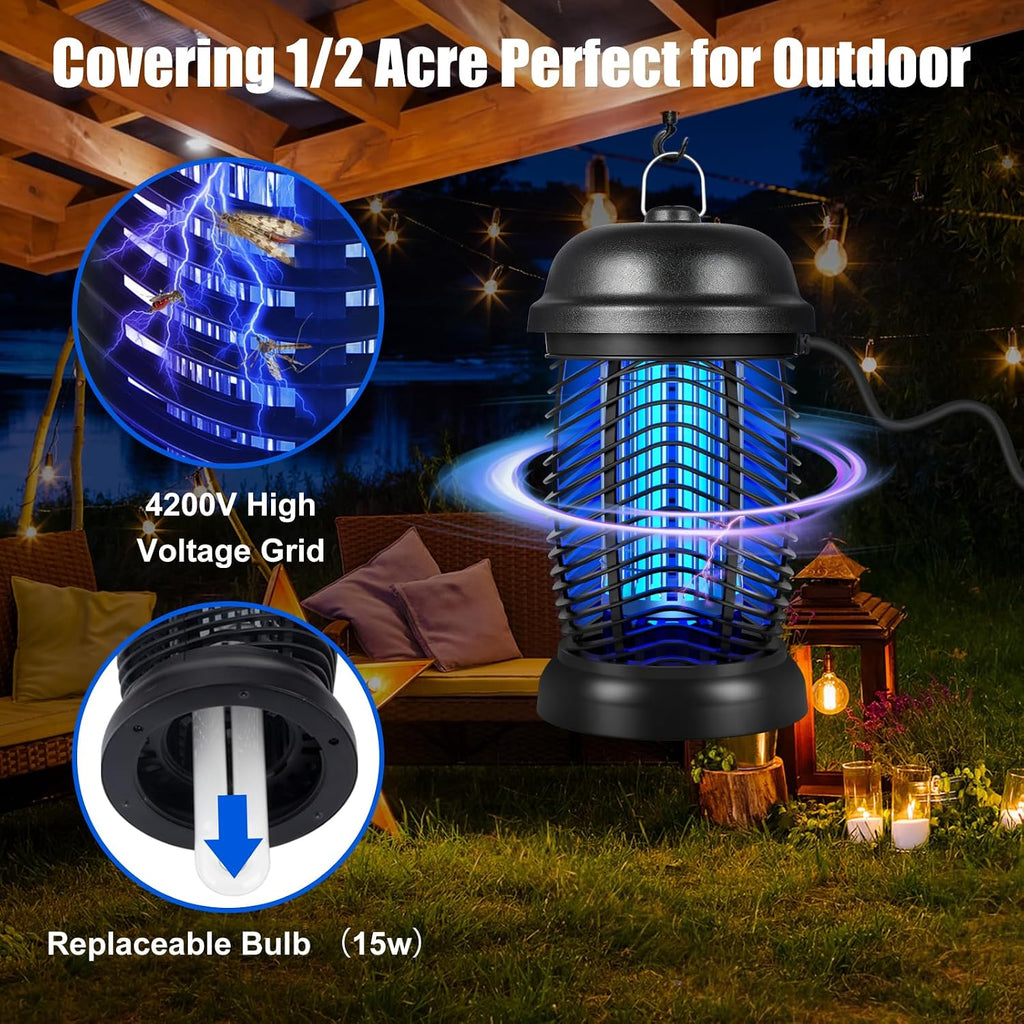 Bug Zapper Outdoor, 4200V Electric Mosquito & Fly Zapper, Black | Covers Up To 1/2 Acre, Fly Traps For Patio Backyard, 3 Prong Plug, 90-130V Abs Plastic Outer, Mosquito Killer
