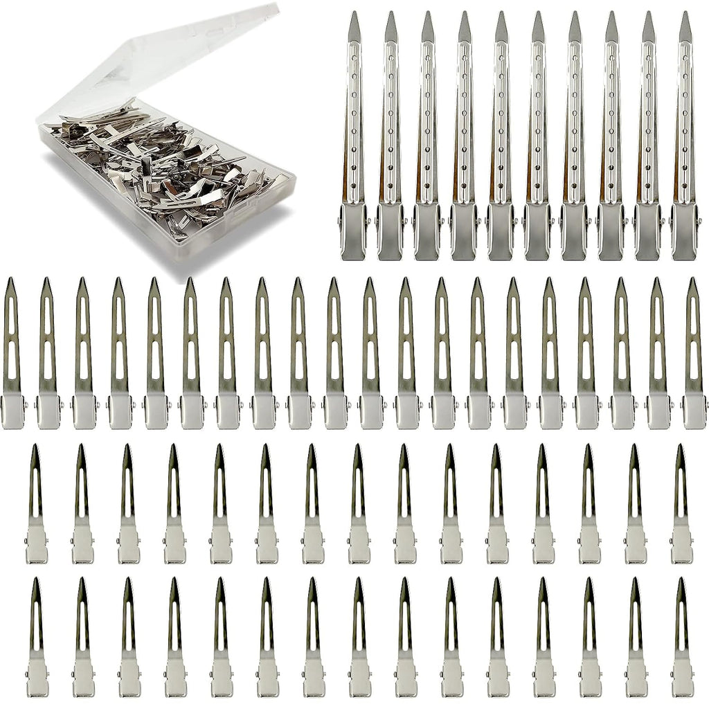60Pcs Metal Styling Duck Billed Hair Clips, Silver Alligator Roller Clips For Women'S Long Hair Styling Sectioning And Pin Curls, Bow Diy, With Case