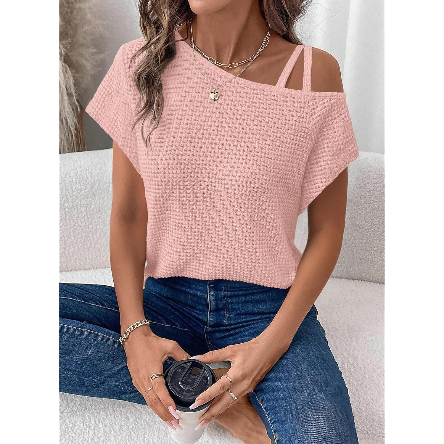 Dokotoo Womens Summer Tops Off One Shoulder Waffle Knit Short Sleeve T-Shirts Casual Lightweight Solid Color Blouses