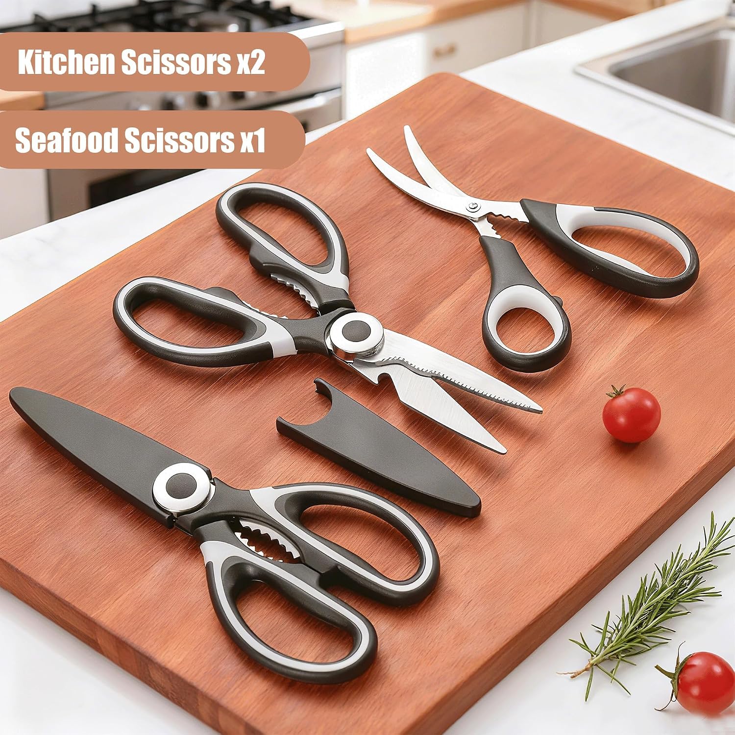 Omdar 3 Pack Kitchen Scissors & Seafood Scissors Set, Sharp Kitchen Shears | All Purpose Stainless Steel Heavy Duty For Poultry Food Dishwasher Safe With Protective Sheath Comfort-Grip