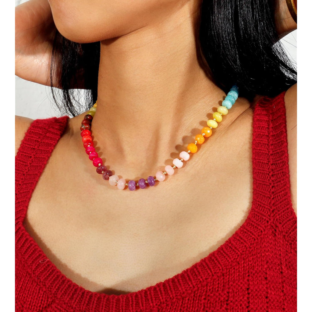 Gemstone Beaded Necklace for Women Colorful Natural Stone Freshwater Pearl Surfer Beach Rainbow Necklace Jewelry Gift