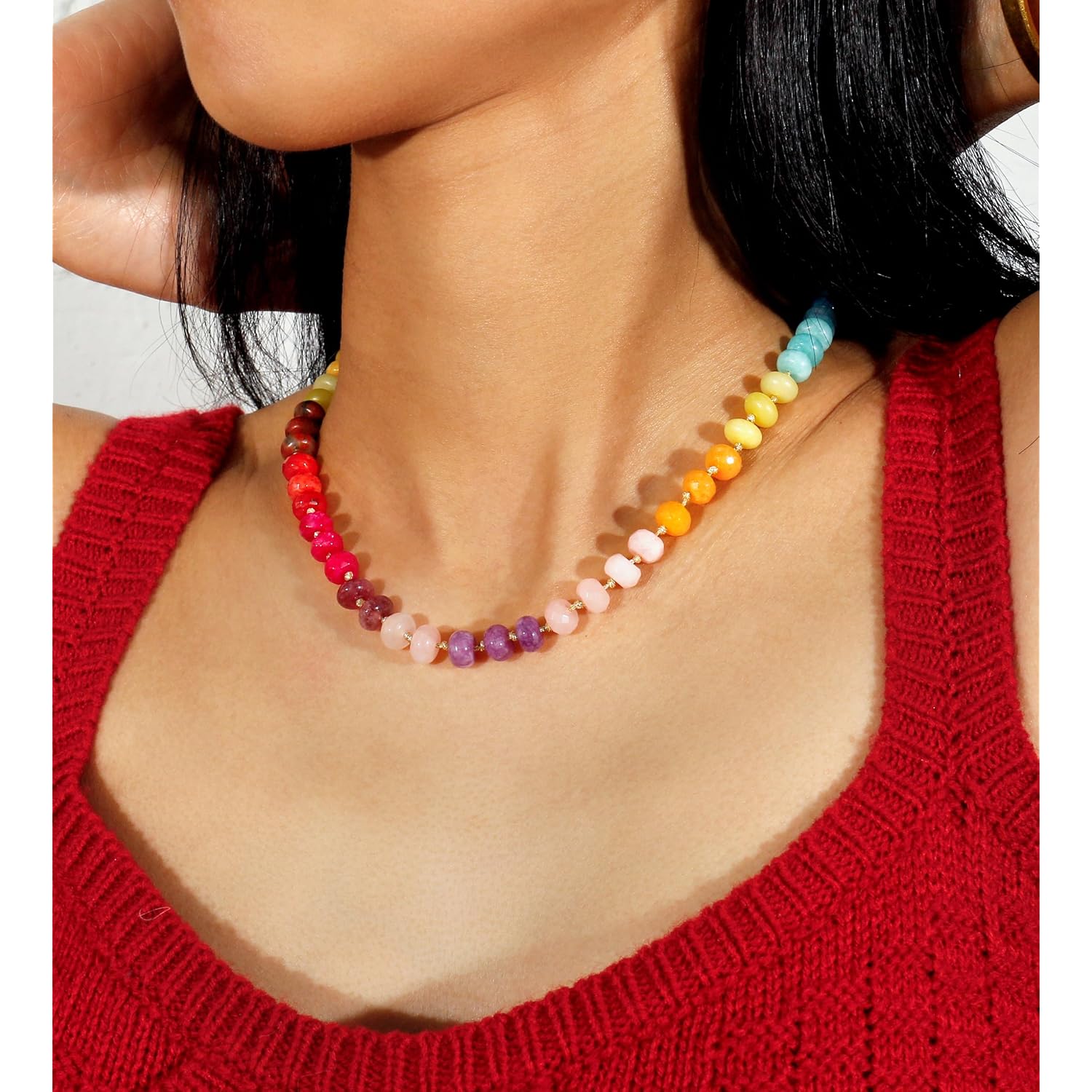 Gemstone Beaded Necklace for Women Colorful Natural Stone Freshwater Pearl Surfer Beach Rainbow Necklace Jewelry Gift