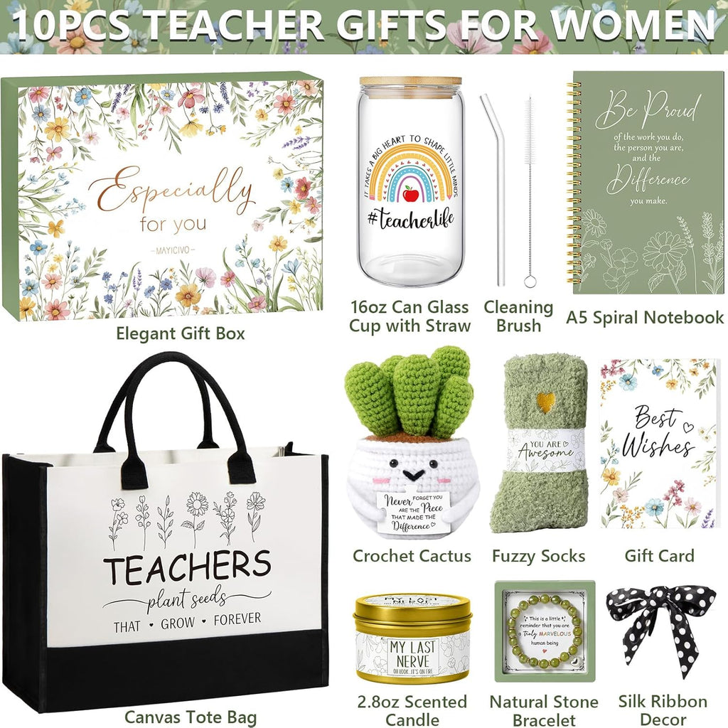 Teacher Appreciation Gifts for Women, Best Teacher Personalized Gifts Funny End of Year Teachers Gift from Student, Birthday Retirement Thank You Gift Baskets for Daycare Teachers w/ Canvas Tote Bag
