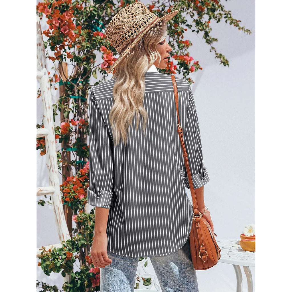 Striped Button Down Shirts for Women Cotton Dress Shirt Long Sleeve Collared Blouse Tops Business Office Attire