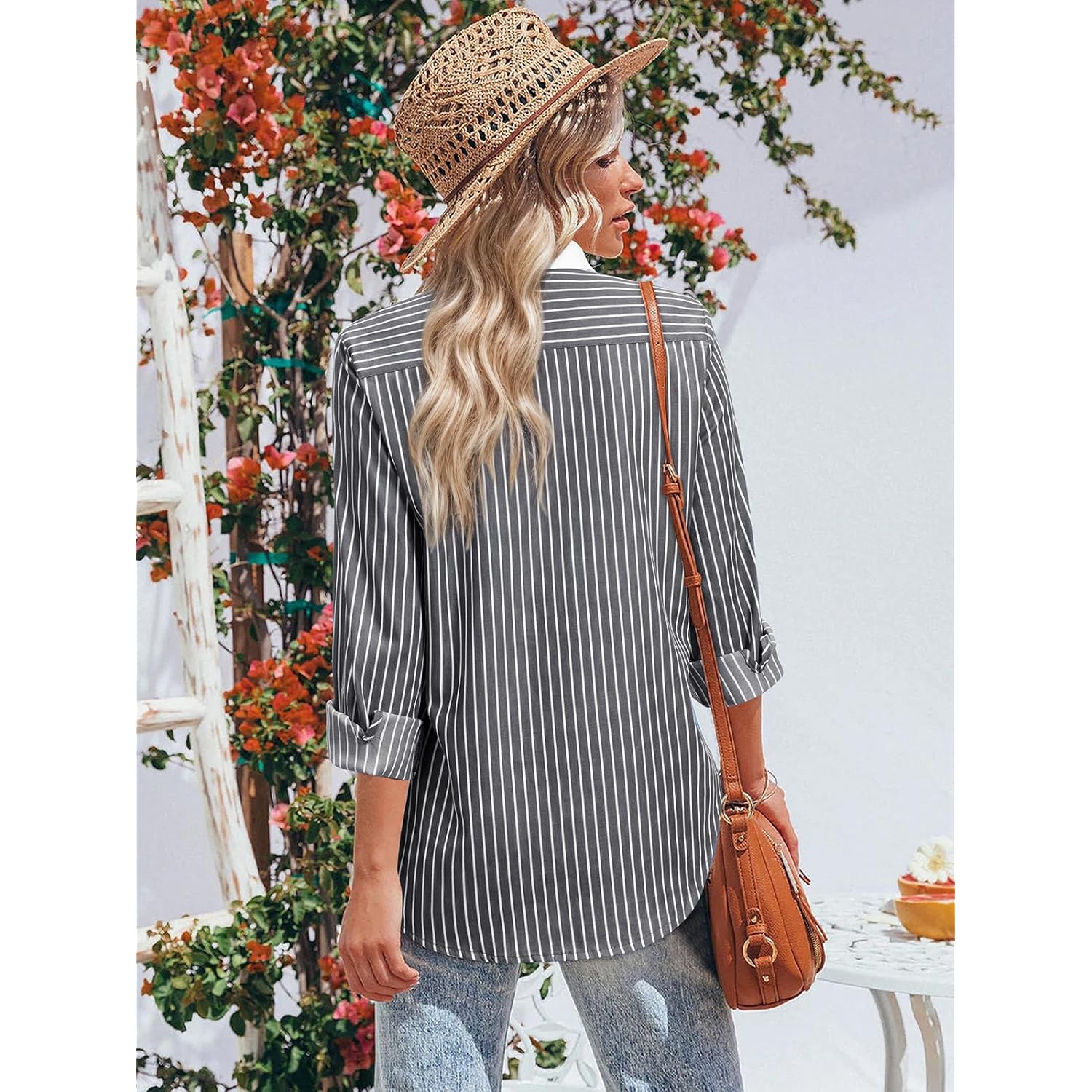 Striped Button Down Shirts for Women Cotton Dress Shirt Long Sleeve Collared Blouse Tops Business Office Attire