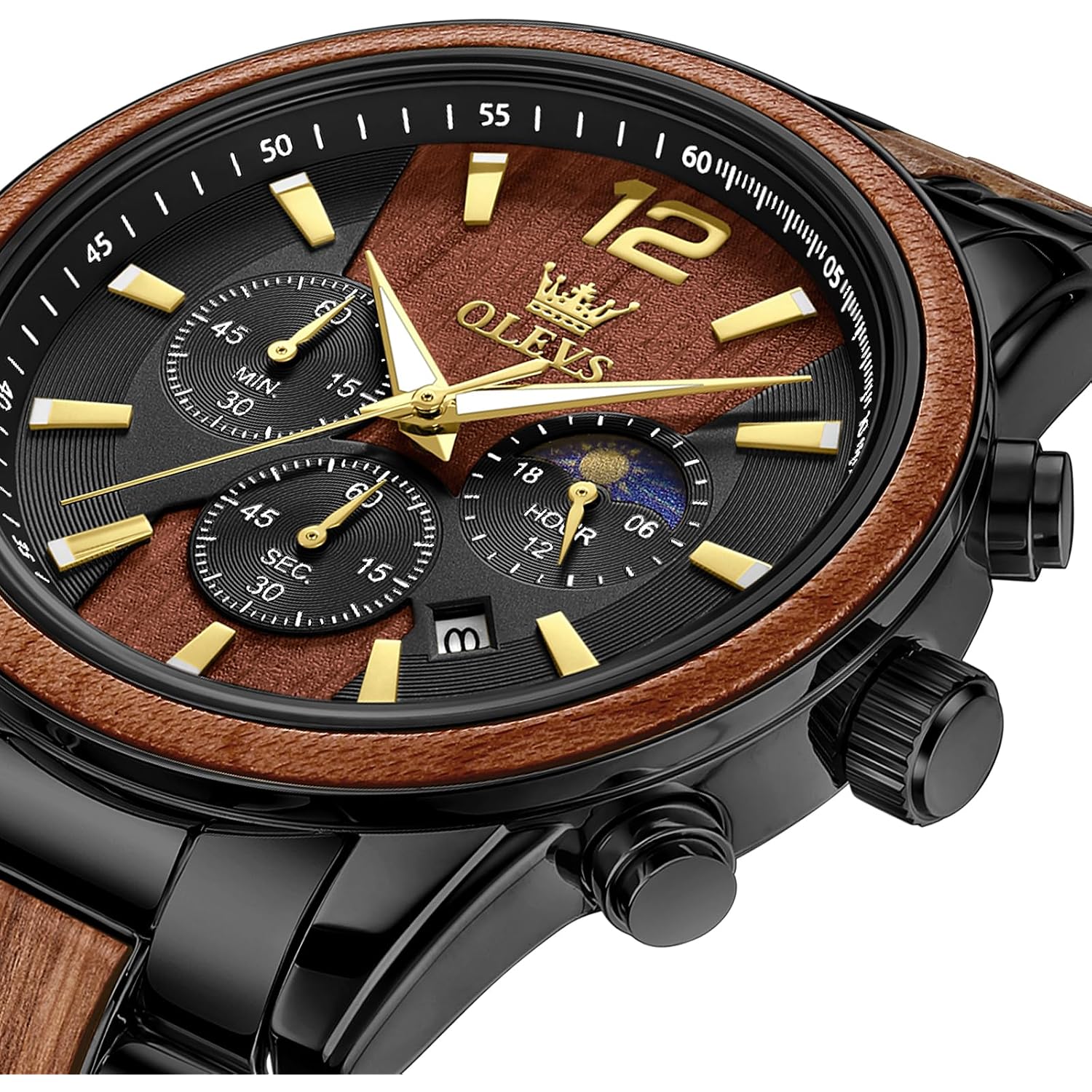 Olevs Men Analog Quartz Waterproof Watches Multifunction Chronograph Diamond Moon Phase Luminous Silicone Band Wrist Watches