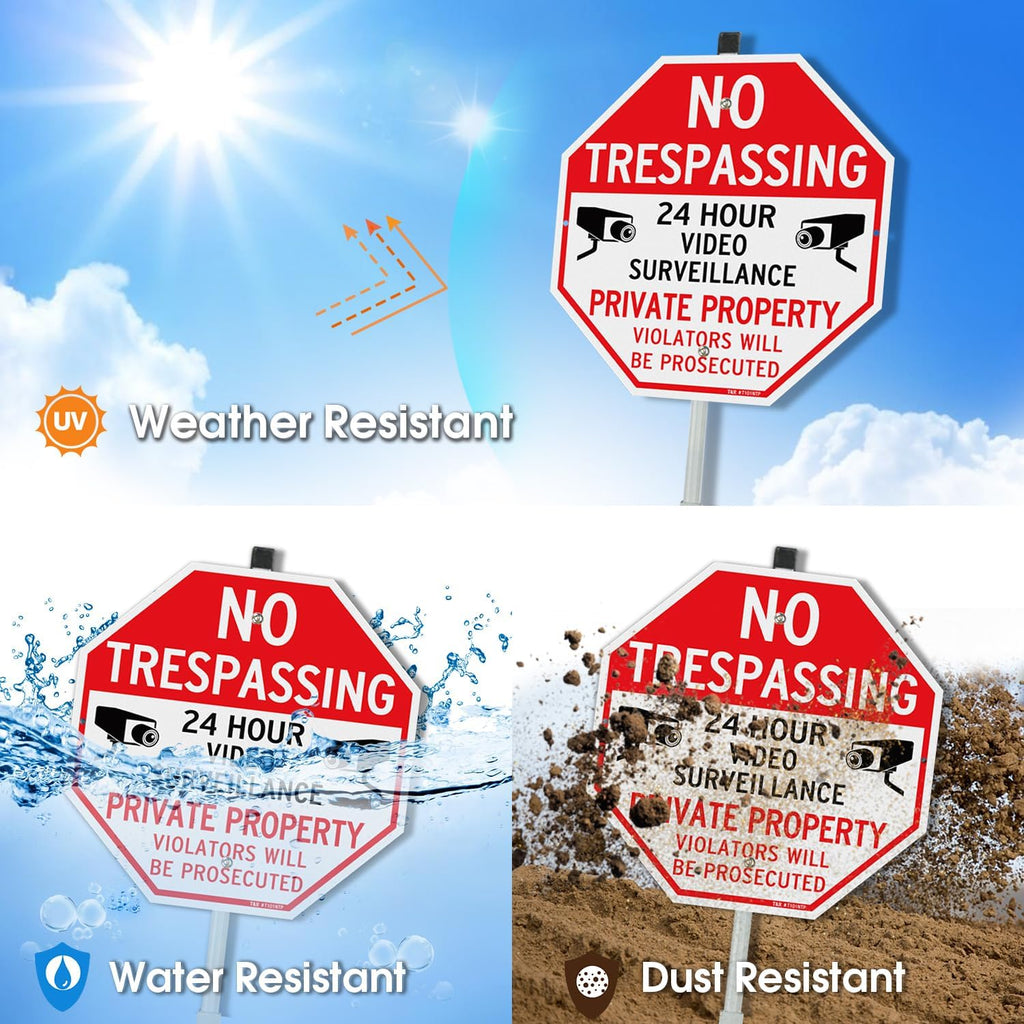 T&R Large No Trespassing Private Property Sign Video Surveillance Sign With 36" Stake For Outside - 2 Pack - 12"X12" .040 Rust Free Heavy Aluminum, Reflective, Waterproof, Weatherproof And Fade