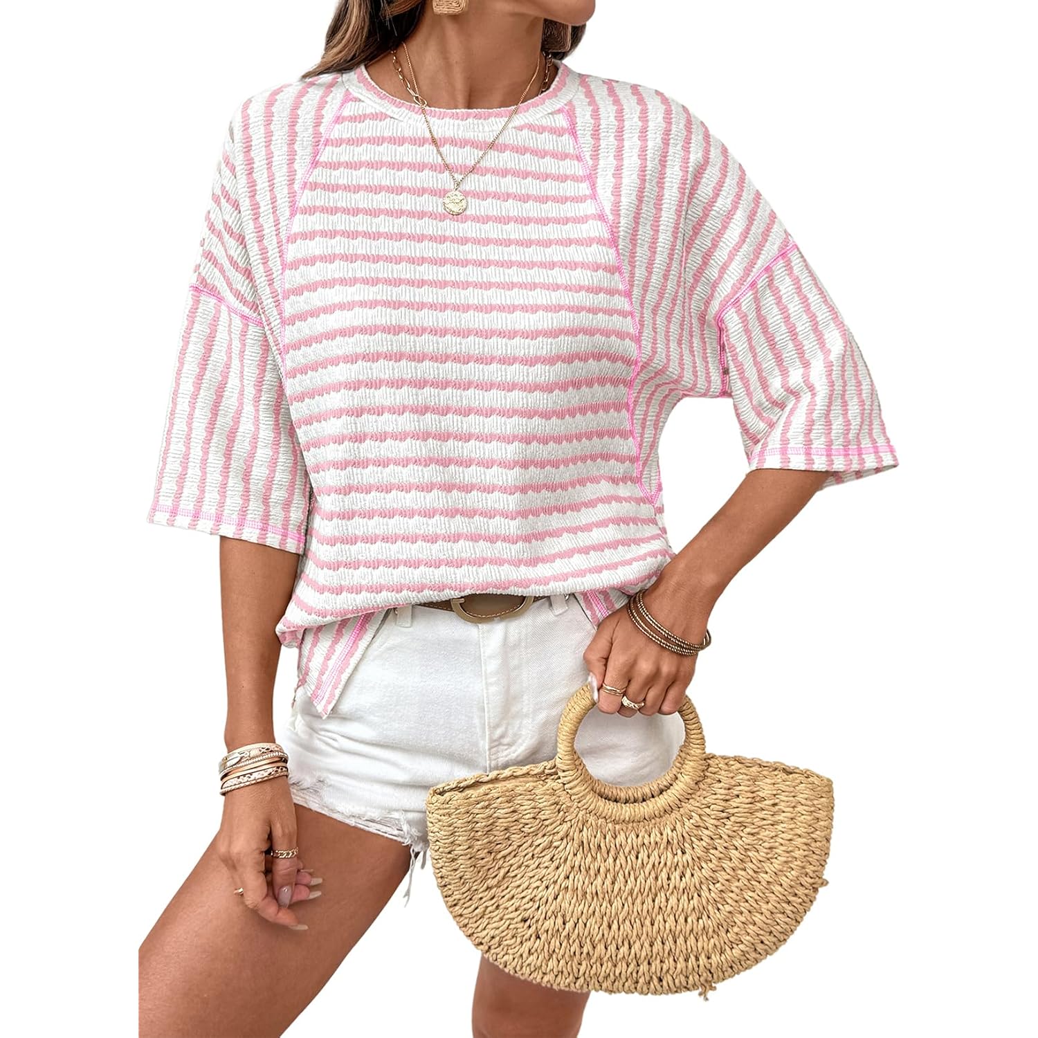 Womens Summer Tops Oversized Tshirts for Women Striped Color Block Short Sleeve T Shirts Crewneck Casual Tee Blouses