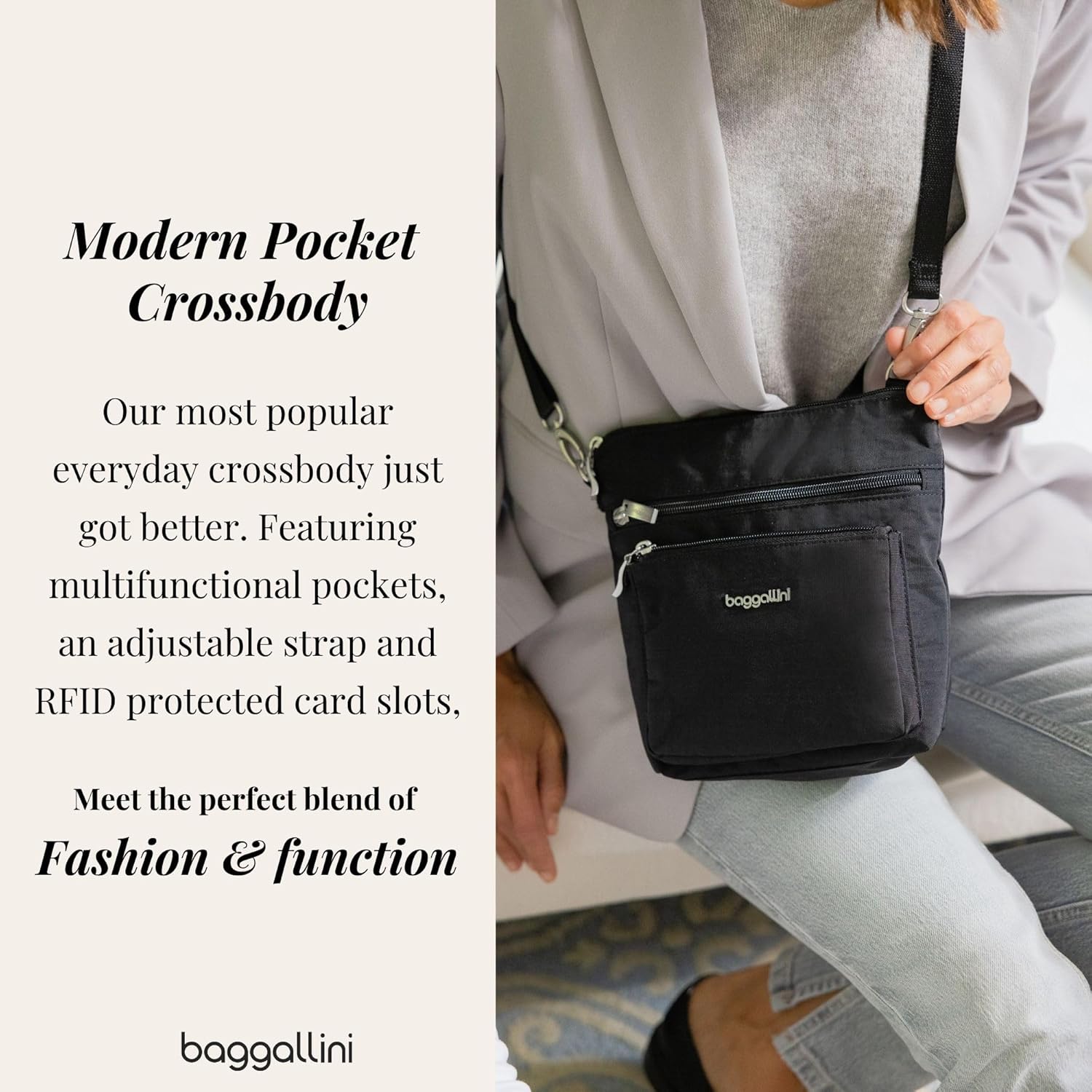 Baggallini Modern Pocket Crossbody Bag for Women, 8.5"x8.5" Handbag Purse with RFID, Lightweight Water-Resistant