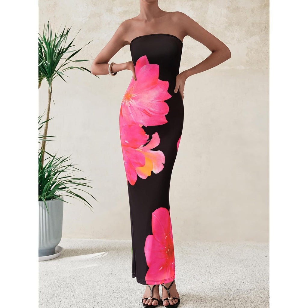 Prettygarden Women Summer Strapless Maxi Dress Bodycon Floral Sexy Long Wedding Guest Dress Formal Tube Mesh Cocktail Dresses
