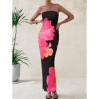 Prettygarden Women Summer Strapless Maxi Dress Bodycon Floral Sexy Long Wedding Guest Dress Formal Tube Mesh Cocktail Dresses