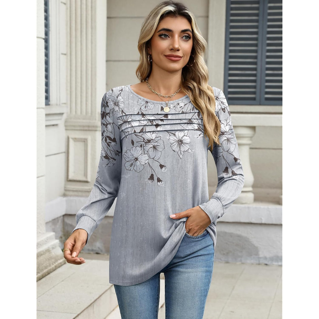 Long Sleeve Shirts for Women Casual Fall Fashion Crewneck Pleated Tunic Tops Work Outfit Blouse