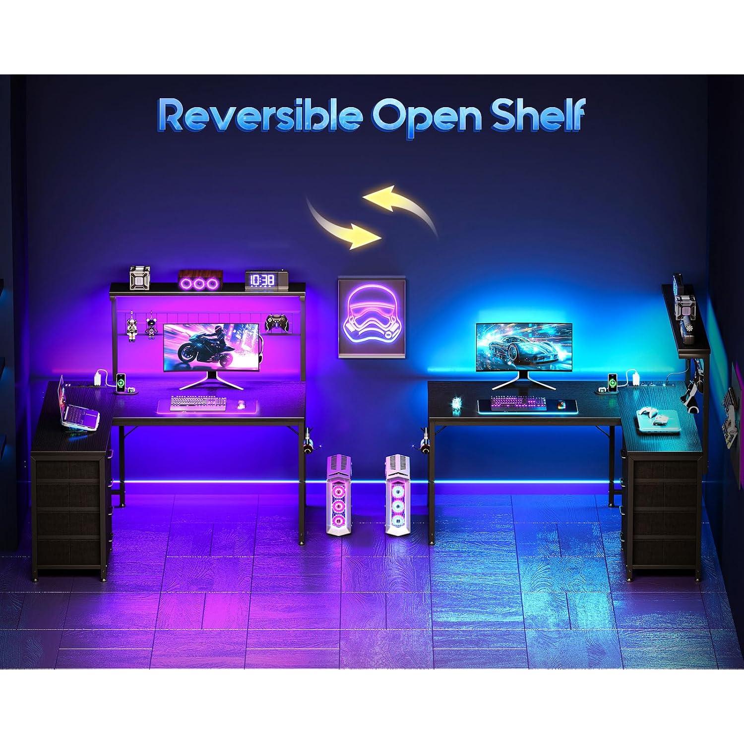 Motpk 43” L Shaped Gaming Desk For Small Rooms, Compact Corner Computer Table With Shelf & Hutch, 4 Drawers, Reversible Study Desk With Led Light, Power Outlets & Usb Ports, Home Office Table, Black