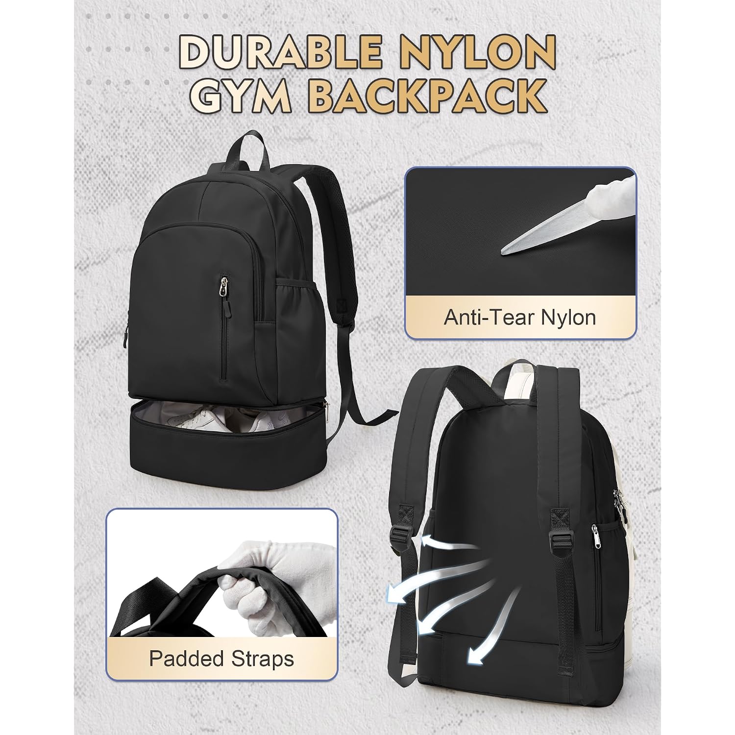 Gym Backpack For Women Men,Cheer Bag,Lightweight Gym Bag With Shoe Compartment, Waterproof Sports Backpack With Wet Pocket, Black