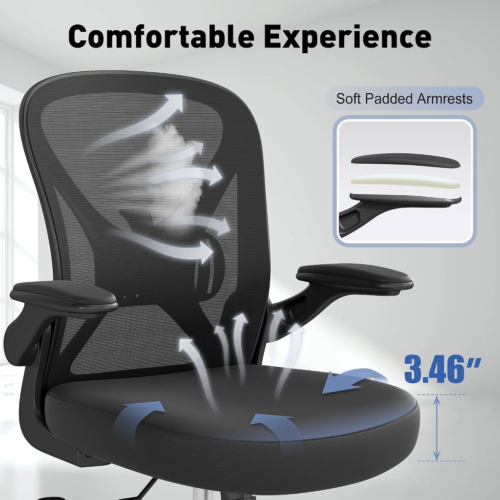 Ergonomic Office Chair With Adjustable Lumbar Support, 300 Lbs Swivel Desk Chair With Flip-Up Arms, Mesh Comfy Padded Seat For Computer And Home, Black
