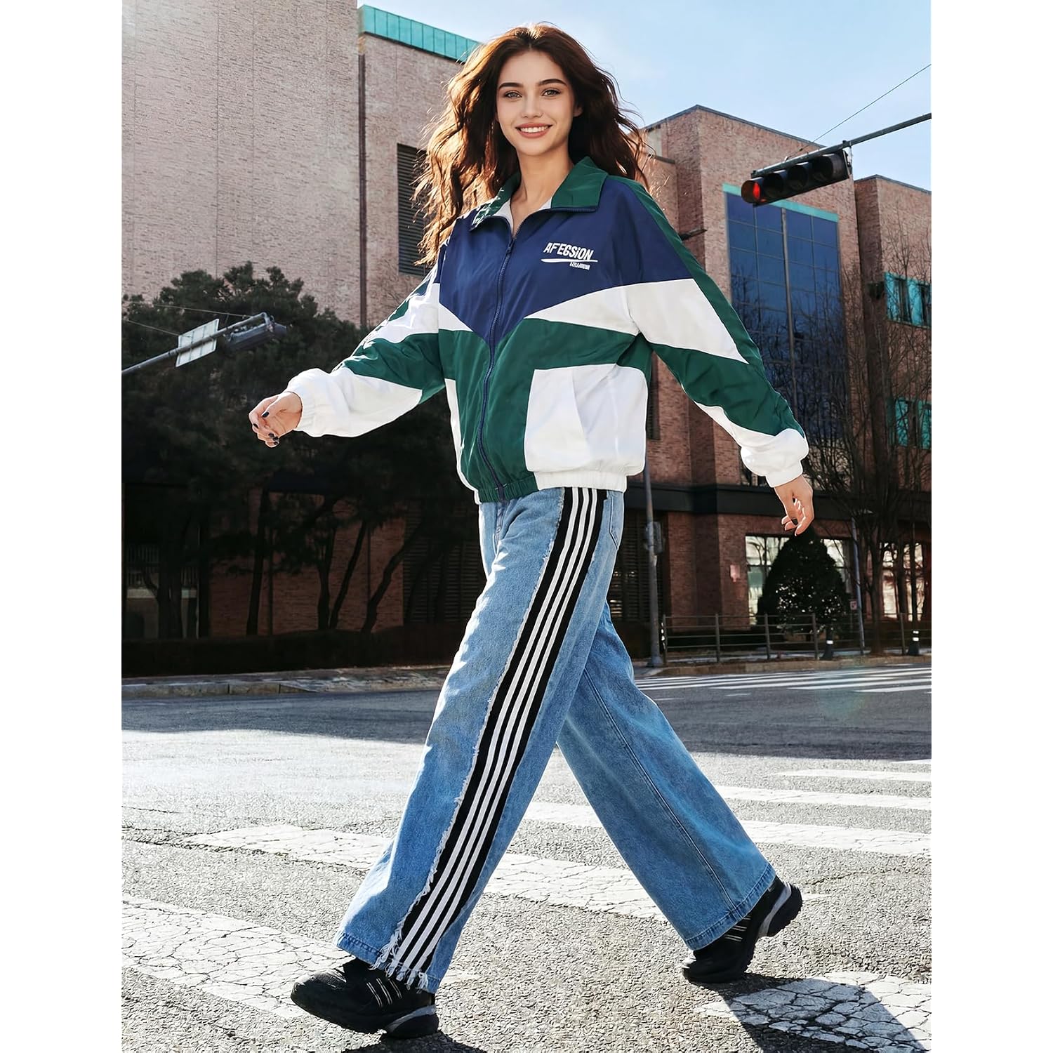Wyeysyt Women Windbreaker Jacket Y2K Varsity Oversized Jacket | 80S 90Sjacket, Vintage Sport Jacket, Zip Up Casual Jacket, Retro