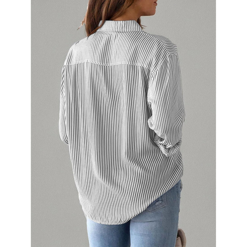 Grade 4 Wrinkle-Resistant Women's Button Down Shirts Striped Long Sleeve Collared Blouses Tops with Pocket