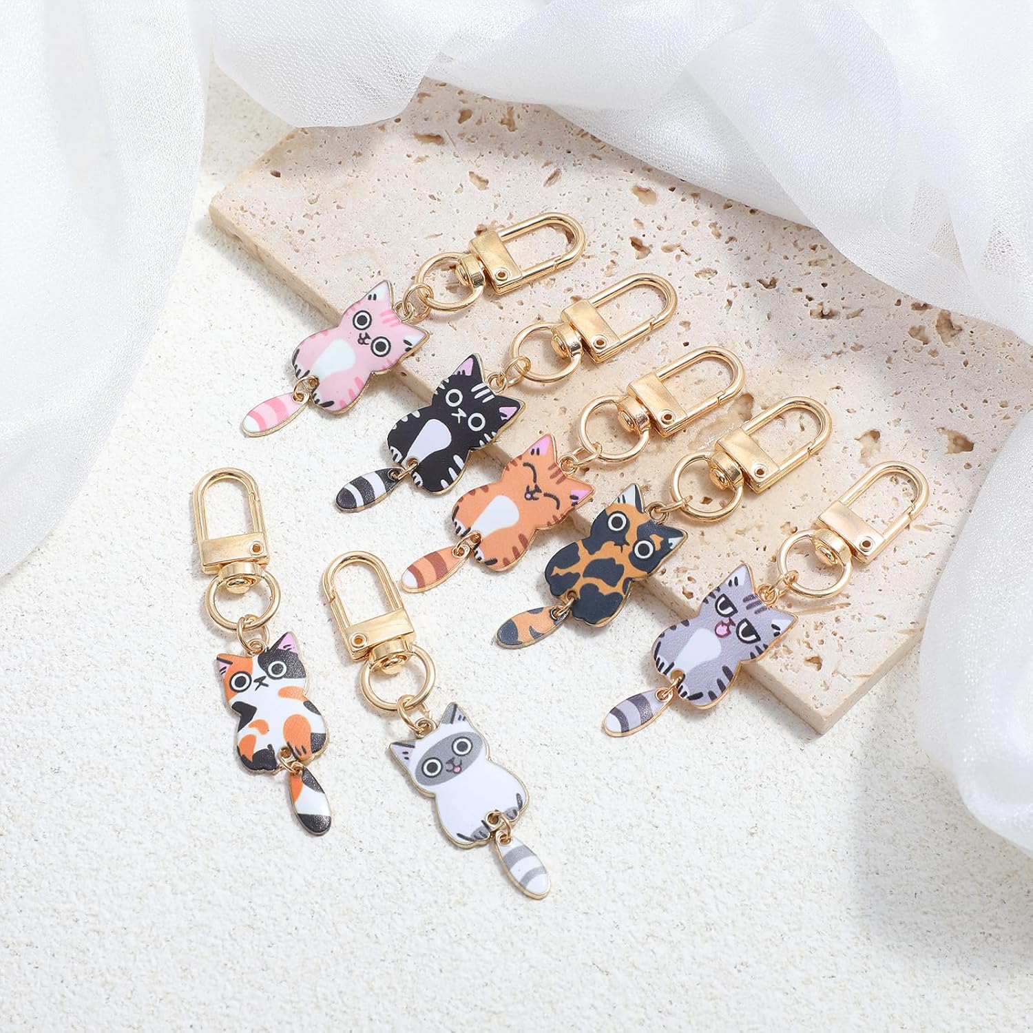Nogeqi 7 Pcs Cat Keychain, Cute Cats Charms, Kawaii Cat Key Chains, Kitty Keyring, Cats Accessories for Women Car Keys Purse