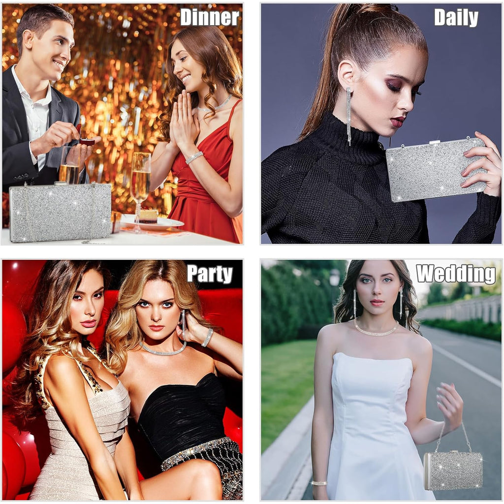 Kigeli 4 Pieces Women Rhinestone Evening Clutch Bag Bling Earring Necklace Bracelet for Wedding Graduation Prom