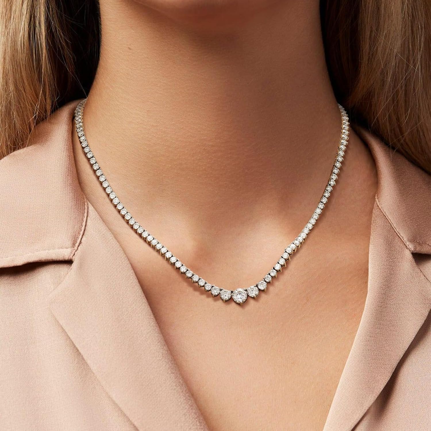Gradual Moissanite Tennis Chain Necklace:925 Sterling Silver 14k White Gold Plated Elegant Moissanite Necklace Dainty Simple Trendy Lab Diamond Jewelry Hypoallergenic Fashion Party Prom Wedding Birthday Gifts for Women