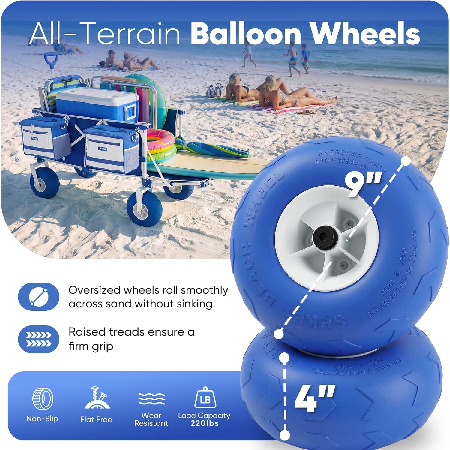 Sekey Heavy Duty Beach Wagon With 9" Big Sand-Proof Wheels, 300L Oversized Foldable Beach Cart With Cooler| Adjustable Handle & Balloon Tires For Sand, Camping,Vacation