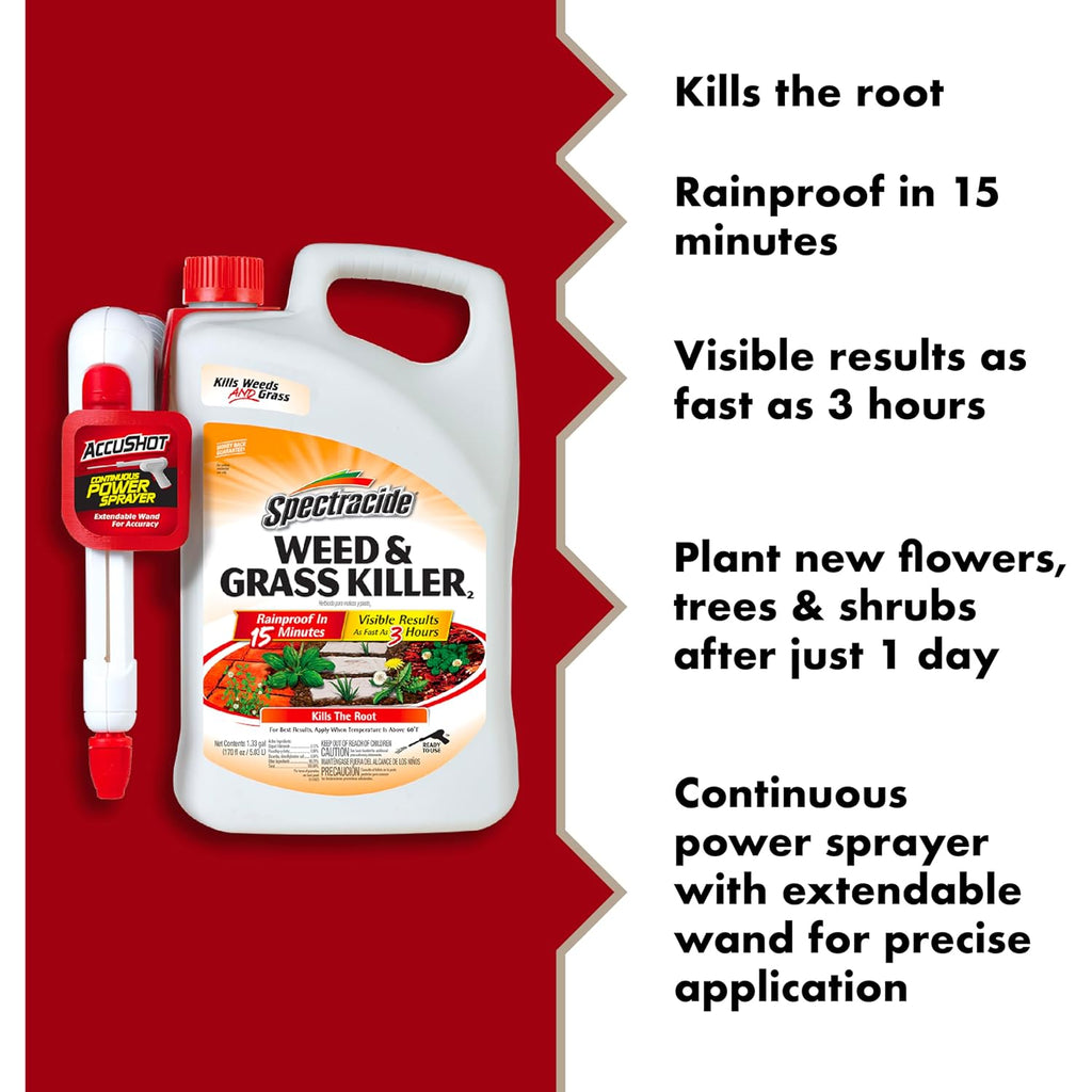 Spectracide Weed & Grass Killer, 1.33 Gallons, With Accushot Continuous Power Sprayer Kills Broadleaf Weeds And Grasses Down To The Root, Rainproof In 15 Minutes With Visible Results In 3 Hours