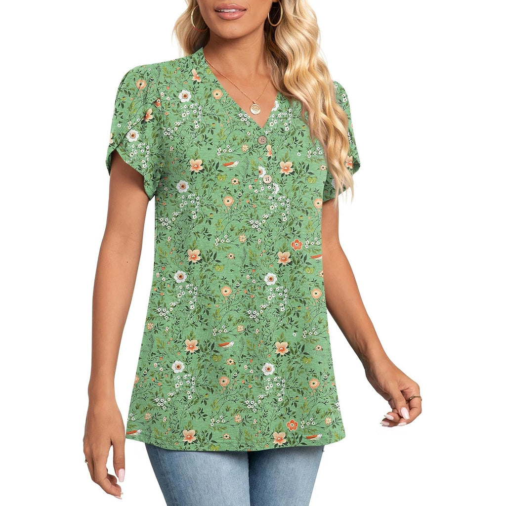 2026 Women's Summer Henley V-Neck Button Up Tunic Top Petal Sleeve Comfy Blouse Casual T-Shirt Sizes M-3XL