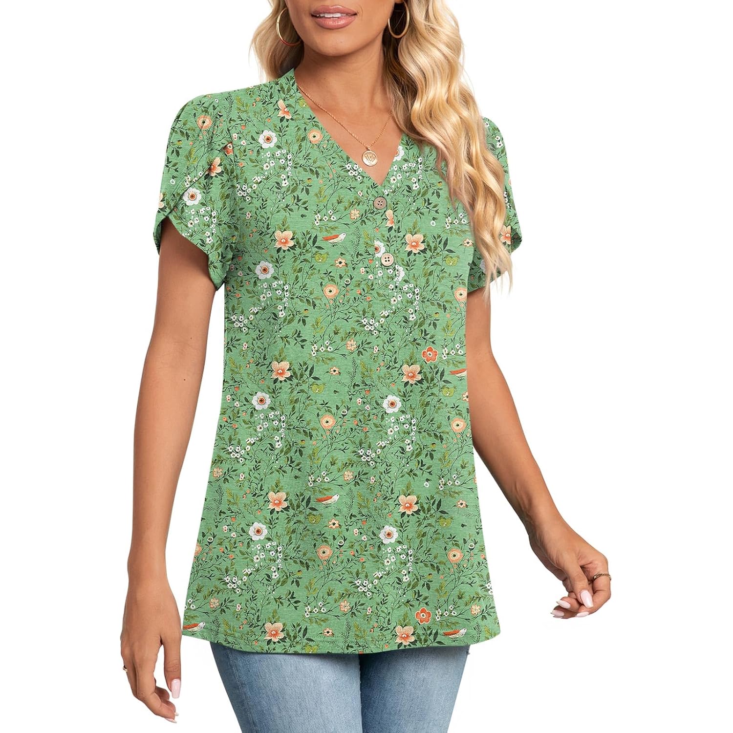 2026 Women's Summer Henley V-Neck Button Up Tunic Top Petal Sleeve Comfy Blouse Casual T-Shirt Sizes M-3XL