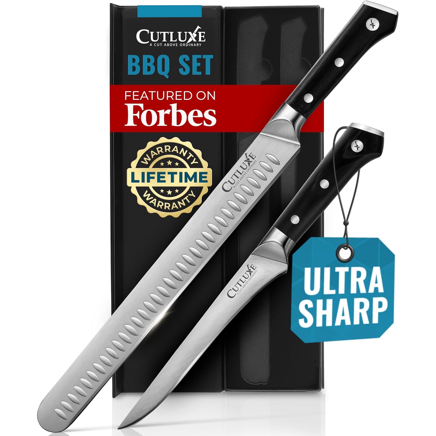 Cutluxe Carving Knife Set for BBQ & Brisket – Razor Sharp German Steel Slicing and Boning Knife for Meat Cutting, Full Tang & Ergonomic Handle, Grilling Gifts for Men – Artisan Series
