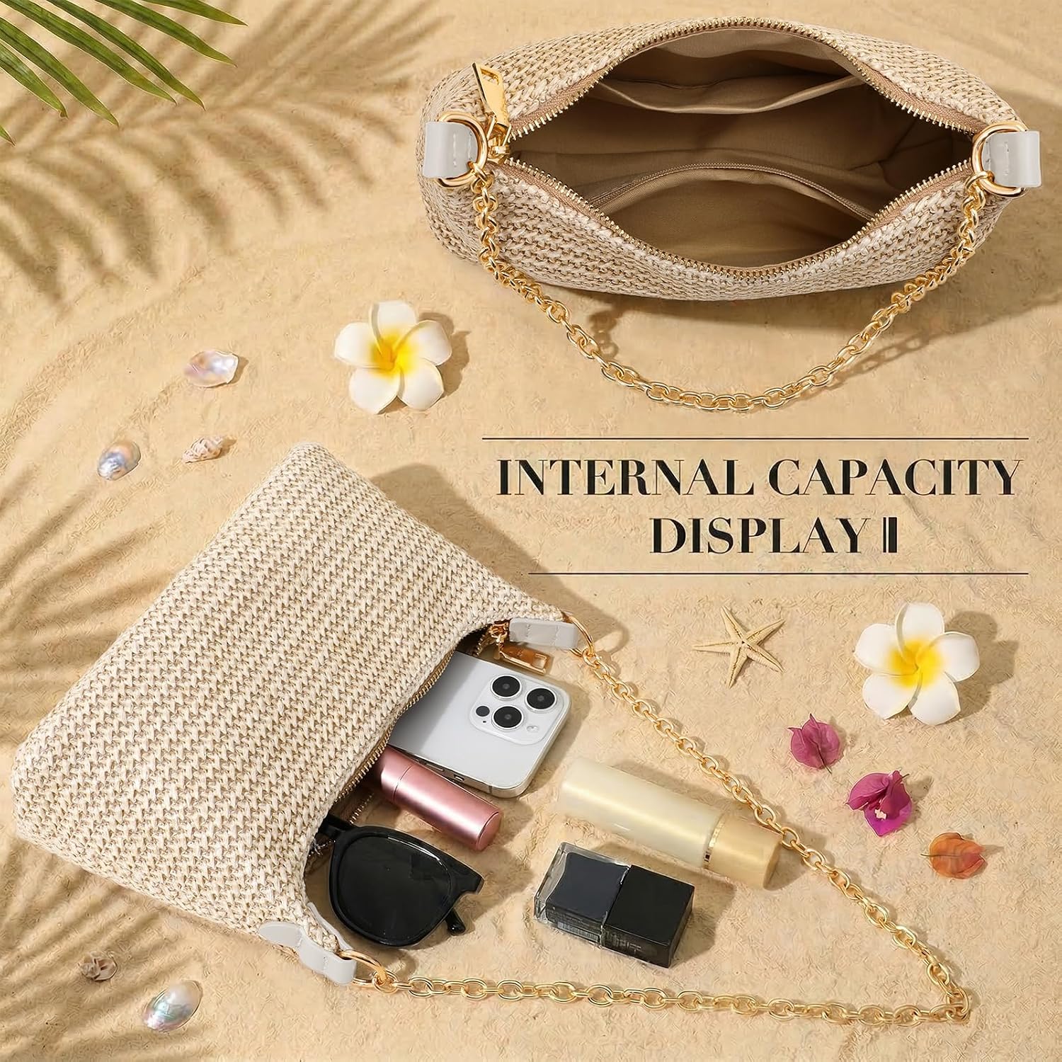 Beach Bags For Women Summer Straw Purse Boho Woven Shoulder Bag Crochet Purse Vacation Tote Handbag