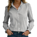 Funlingo Women'S Striped Button Down Shirts Long Sleeve Smocked Cuffed Ruffle Collar Blouses Spring Work Business Casual Tops