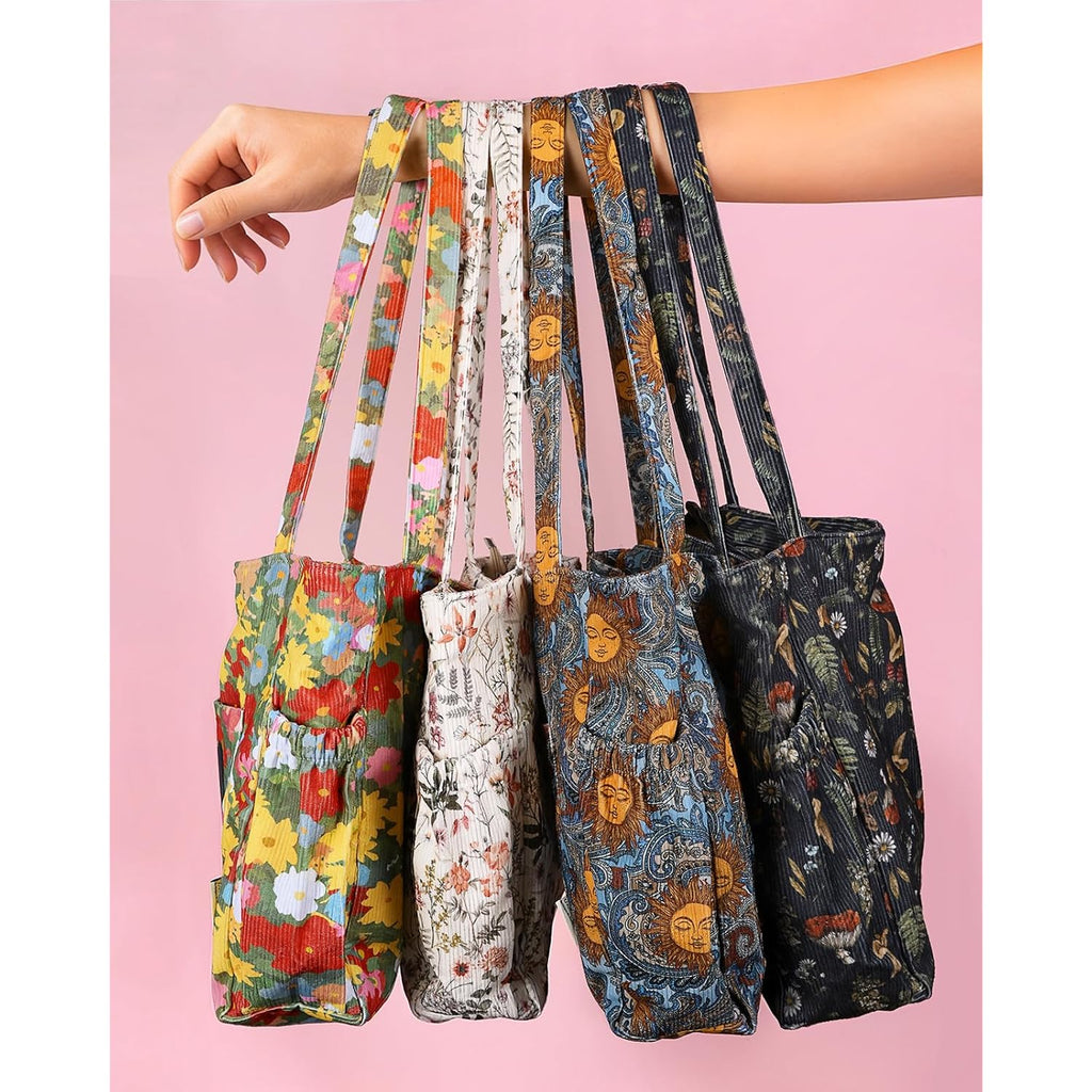 Miss Adola Cute Corduroy Tote Bag for Women - Large Capacity Multi-Pocket Shoulder Bag with Zipper
